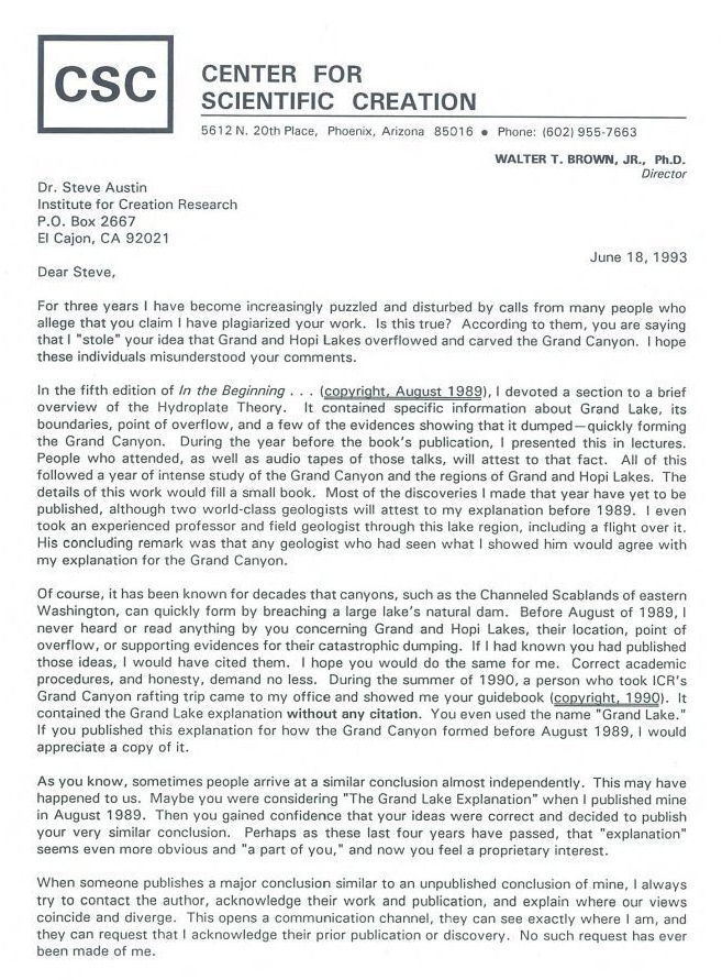 Scan of Walt Brown's 1993 letter to Steve Austin and Henry Morris re Plagiarism 