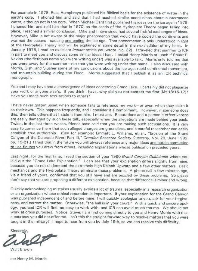 Page 2 of Walt Brown's 1993 letter to Steve Austin and Henry Morris re Plagiarism