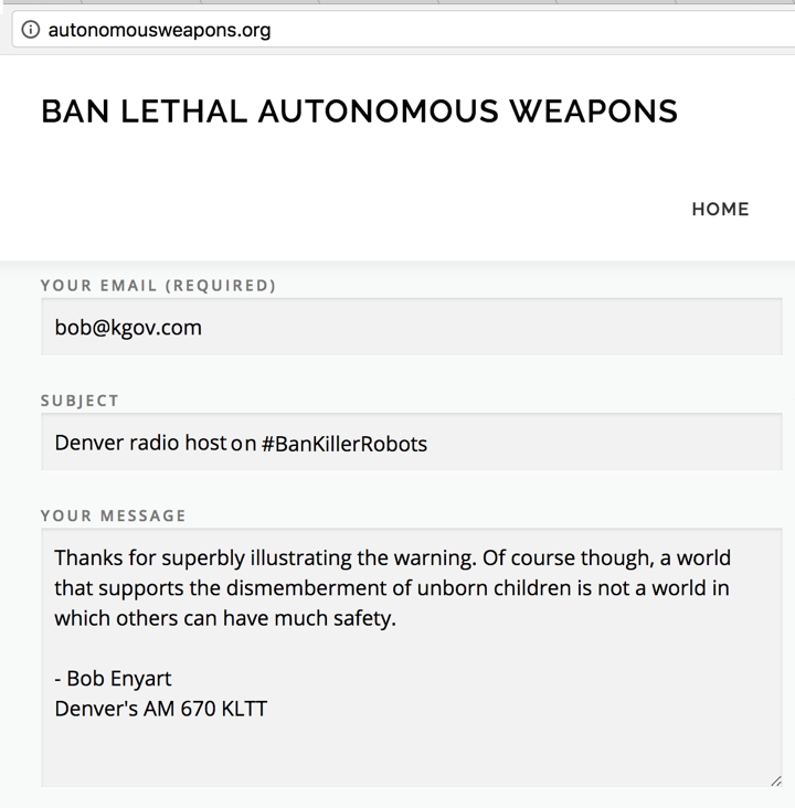 Enyart's comment at AutonomousWeapons.org supporting a ban and decrying the dismemberment of unborn children...