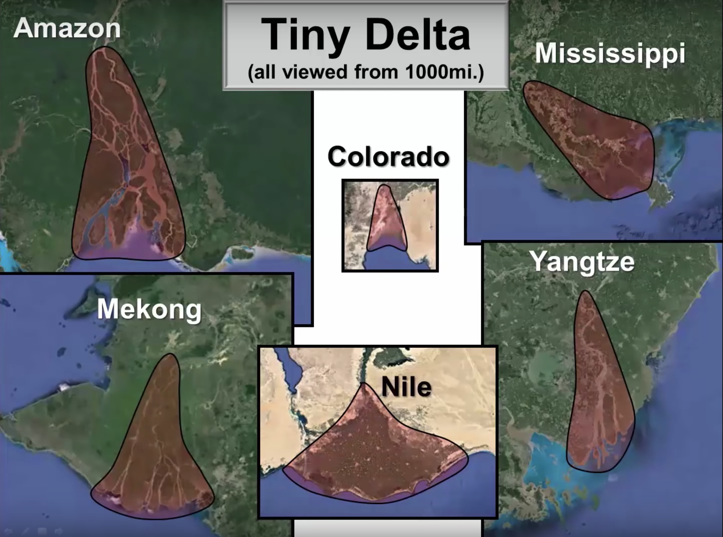 Comparison of the relatively small Colorado River delta with other deltas. Screenshot from Bryan Nickel's Grand Canyon video