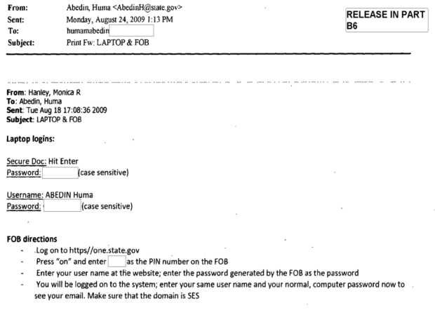 Screenshot of Huma emailing secure state department passwrods to her private email ID... 