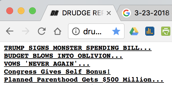 Drudge Report screenshot: Trump and Republican Congress fully funds PP at the $500M yearly Obama level 